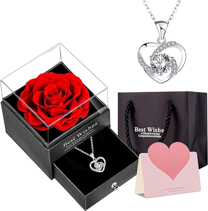 EKIMOS – Regalo de caja de joyería rosa eterna con collar de plata 925 en corazón para cumpleaños, mujer, San Valentín, mamá.