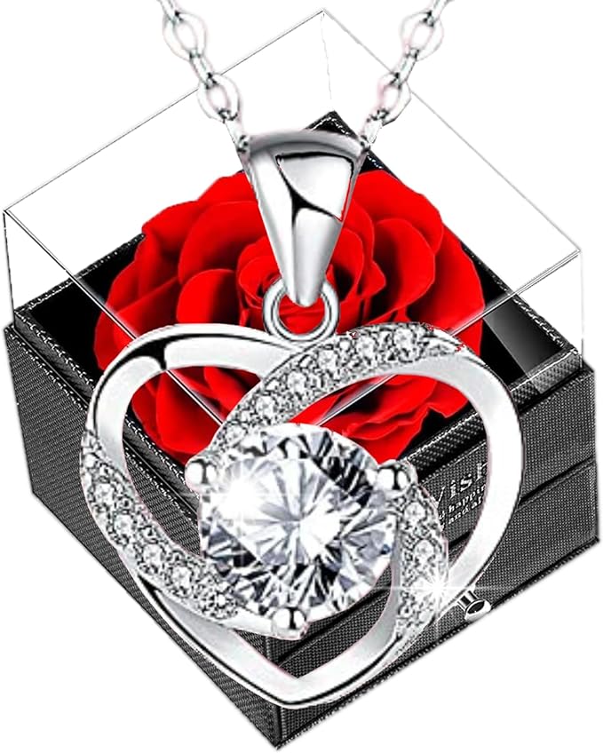 EKIMOS – Regalo de caja de joyería rosa eterna con collar de plata 925 en corazón para cumpleaños, mujer, San Valentín, mamá.