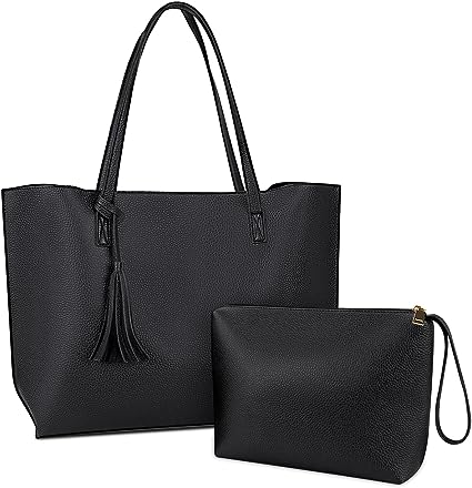 NUBILY Bolsos de Mujer Bolso Mujer Bolso Shopper Grandes Mujer Cuero PU Tote Bag para Universitarias Borla Bolsa de Playa Impermeable 2Pcs Set Negro