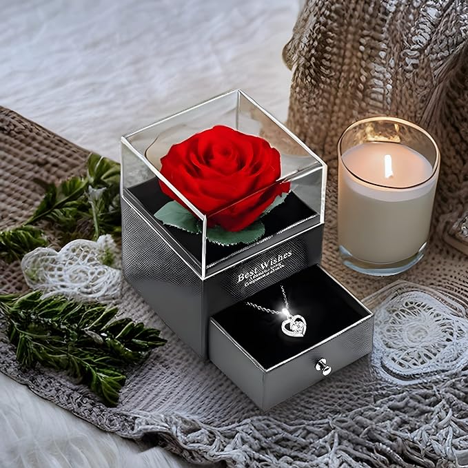 EKIMOS – Regalo de caja de joyería rosa eterna con collar de plata 925 en corazón para cumpleaños, mujer, San Valentín, mamá.