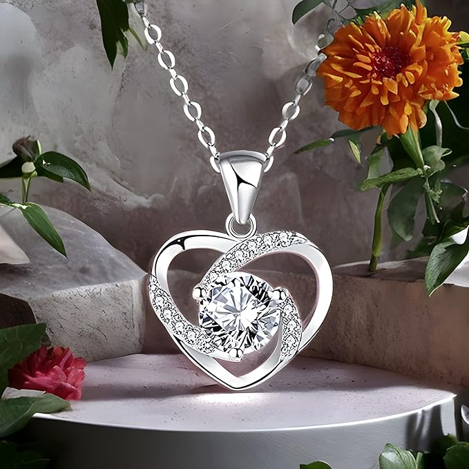 EKIMOS – Regalo de caja de joyería rosa eterna con collar de plata 925 en corazón para cumpleaños, mujer, San Valentín, mamá.