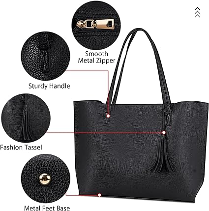 NUBILY Bolsos de Mujer Bolso Mujer Bolso Shopper Grandes Mujer Cuero PU Tote Bag para Universitarias Borla Bolsa de Playa Impermeable 2Pcs Set Negro